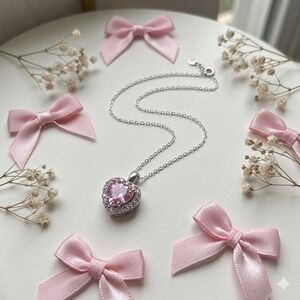 Sterling Silver Pink Heart Halo Pendant Necklace 18 Inch Chain 925 Silver NEW